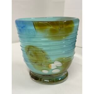 Unique Heavy Hand Blown Art Glass‎ Vase Cyan Blue and Brown Tones Signed!